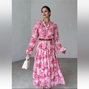 ZARA BELTED FLORAL PRINTED MIDI DRESS